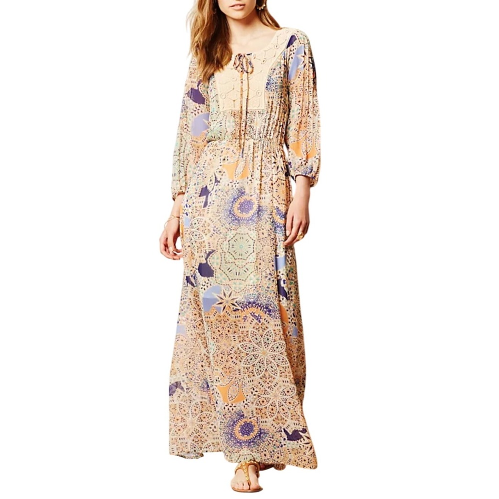 DR2  Crochet‎ Trim Maxi Dress Bohemian Paisley Print  Size S lined